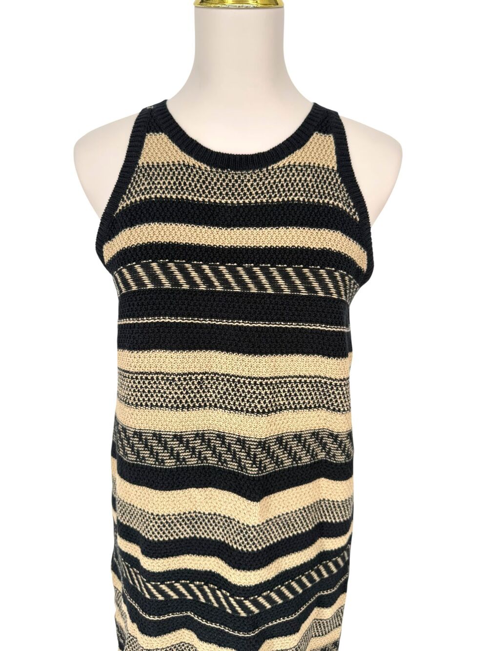 Lauren Ralph Lauren Sweater Dress L Petite Linen Cotton Tan Black Label Striped - Picture 3 of 10